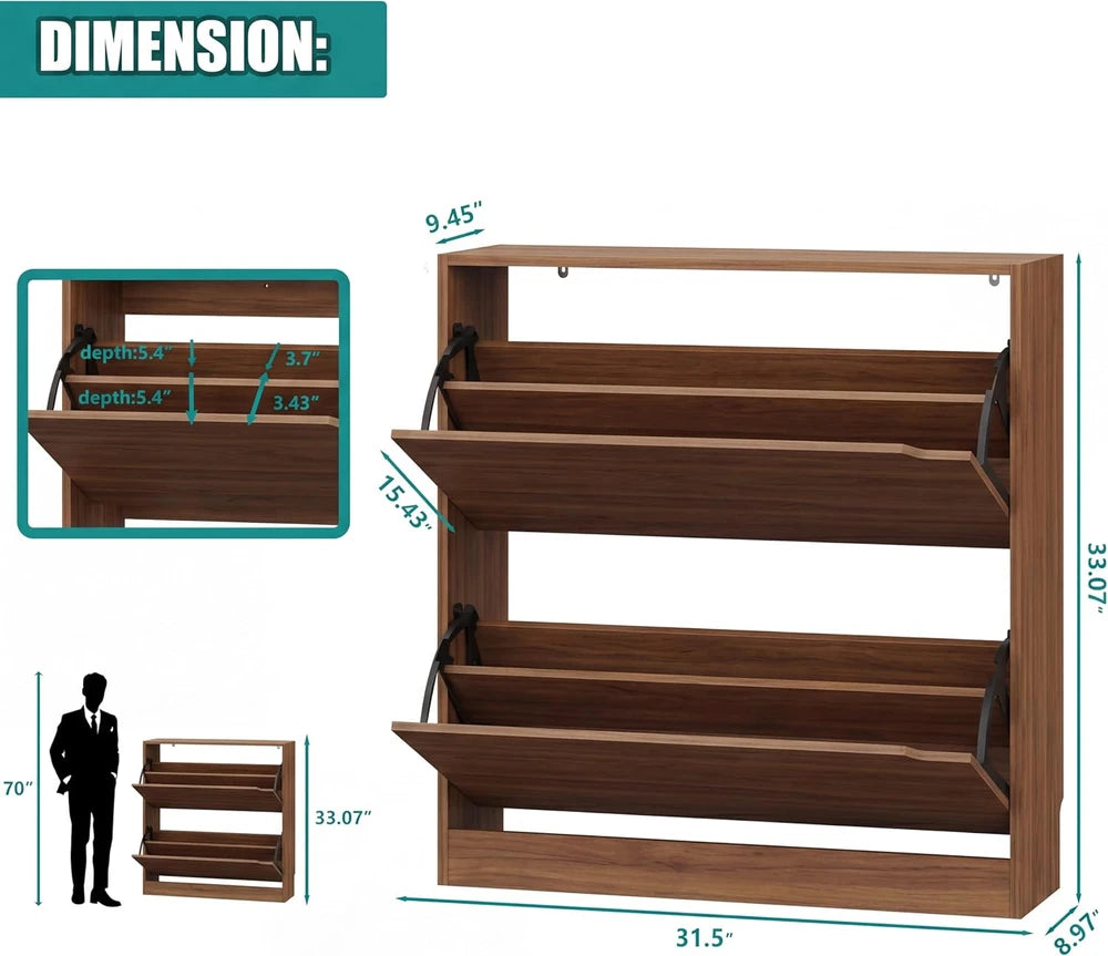 Walnut Narrow Flip Drawer Shoe Cabinet