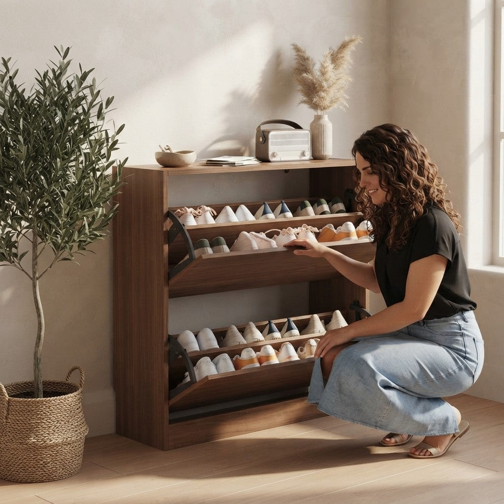 Walnut Narrow Flip Drawer Shoe Cabinet